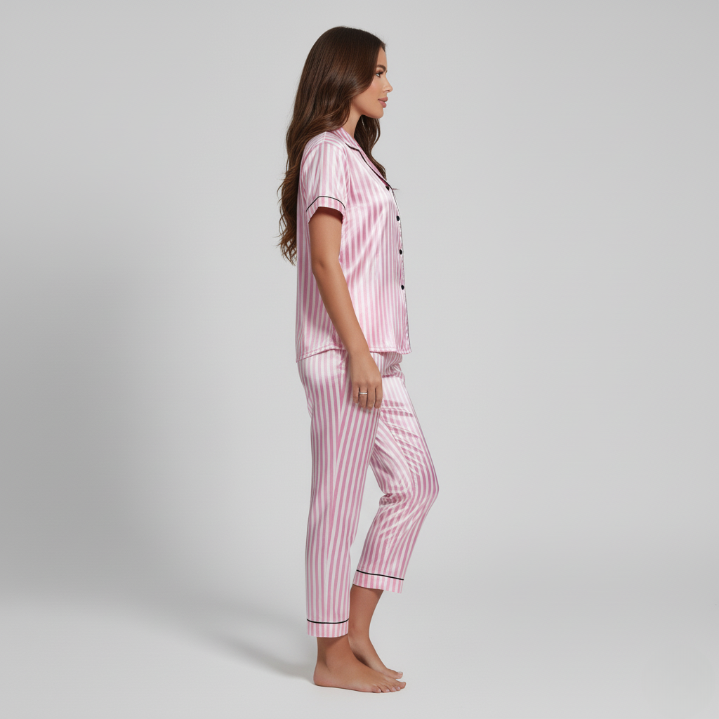 Pyjama Rayé Satin Rose – Femme